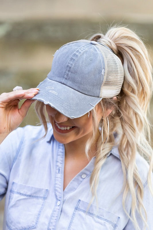 Anywhere Distressed Messy Bun Hat Cap