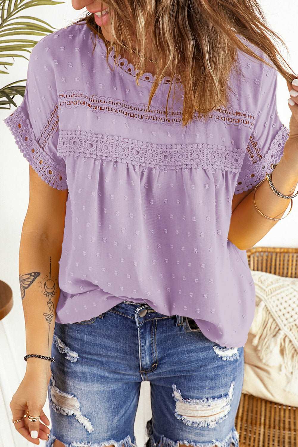 All Charm Swiss Dot Button Blouse-Lavender Grace Boutique