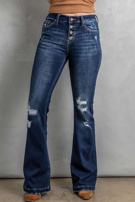 Grace Button Fly Distressed Bootcut Jeans