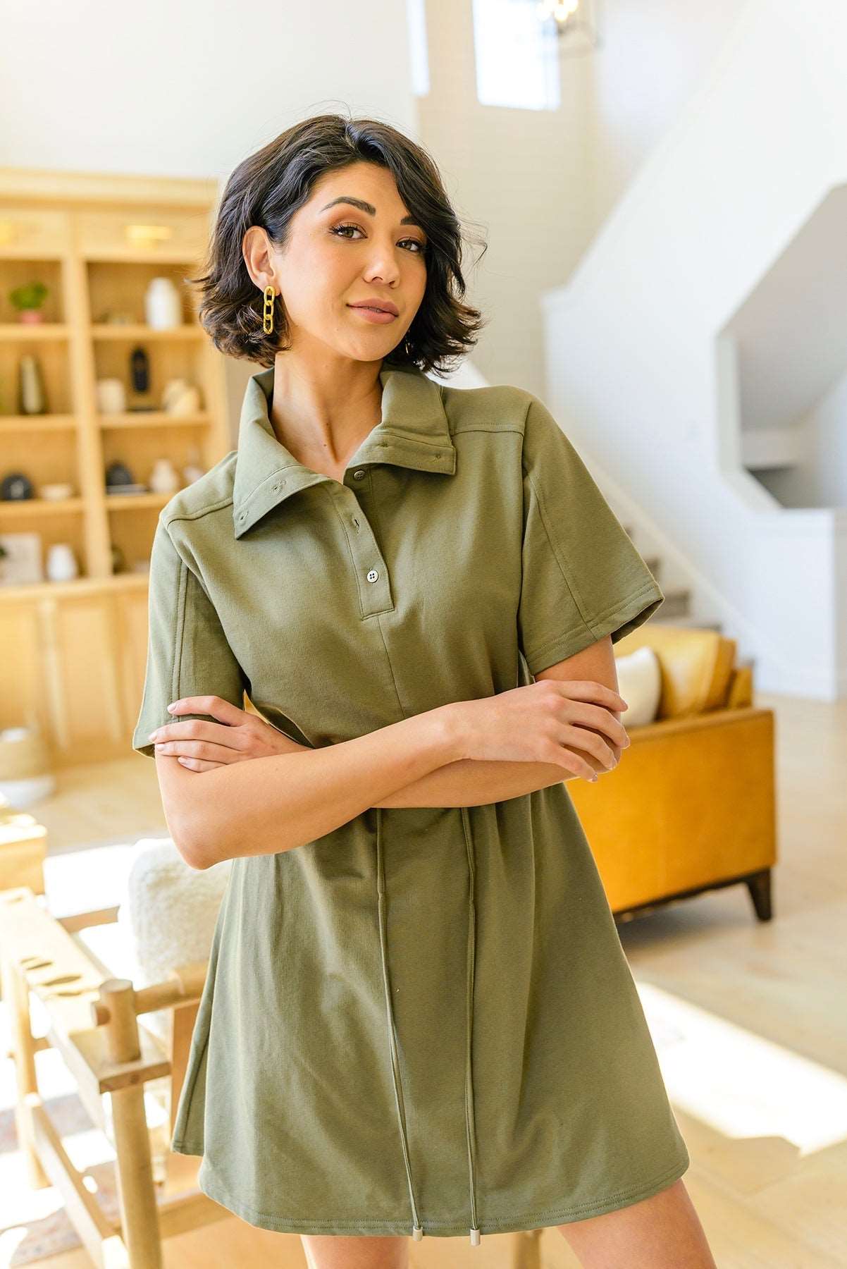 Darla Button Collared Dress in Olive