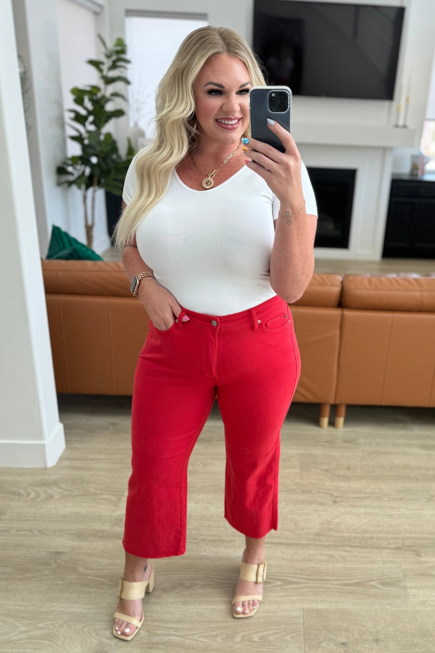 Judy Blue Lisa High Rise  Wide Leg Crop Jeans in Red