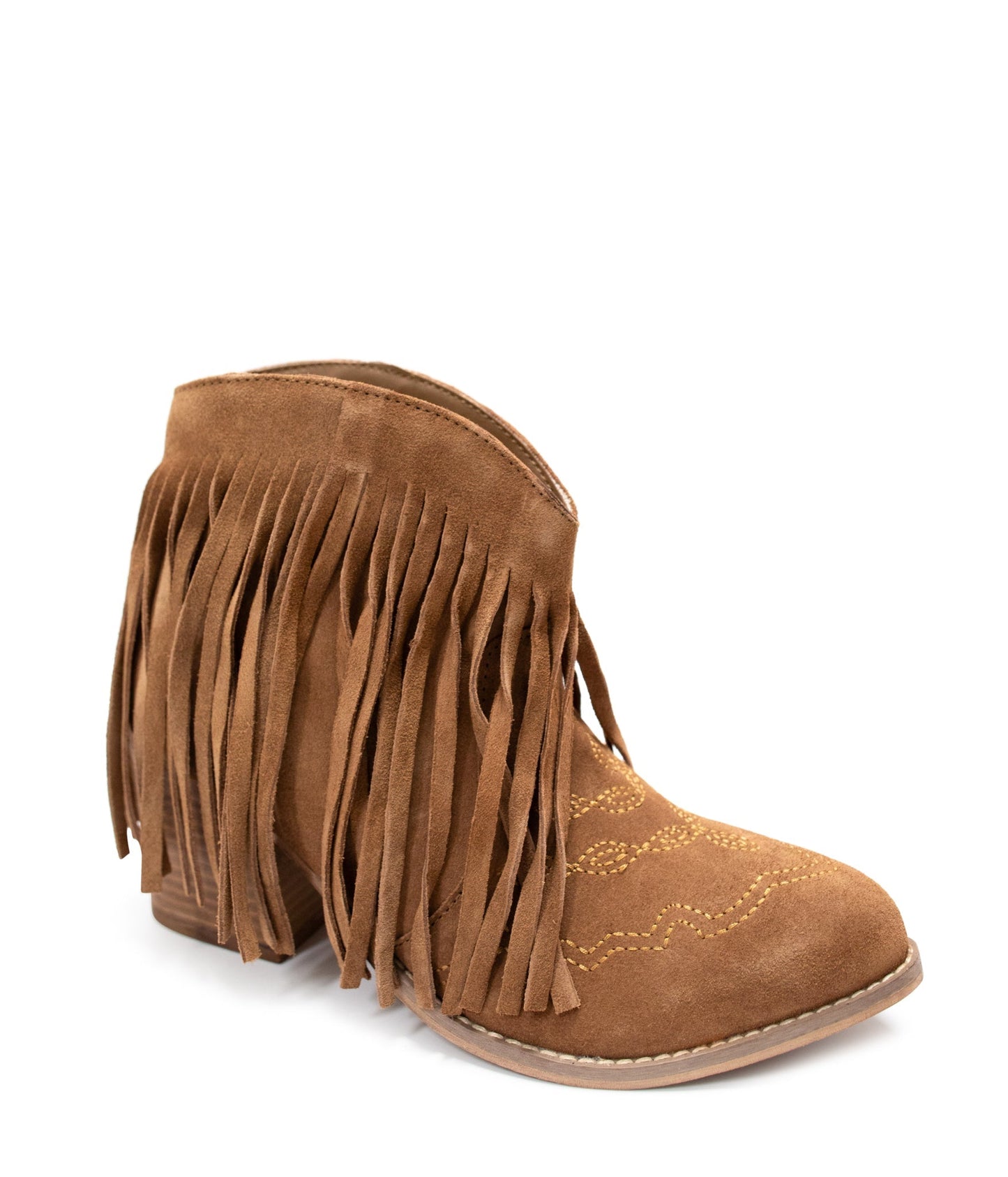 Amos Fringe Ankle Bootie in Tan Suede