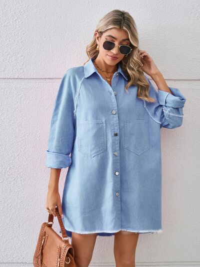 Pretty In Denim Raw Hem Button Up Dress