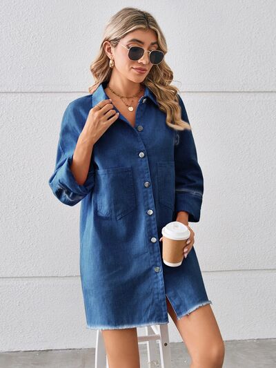 Pretty In Denim Raw Hem Button Up Dress